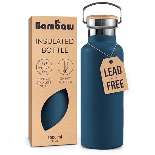 Bambaw Insulated Water Bottle 32 oz, Blue Water Bottle Stainless Steel, Reusable Water Bottle, BPA Free Water Bottle, Big Water Bottle 32oz, Cold and Hot Water Bottle – Aegean Blue