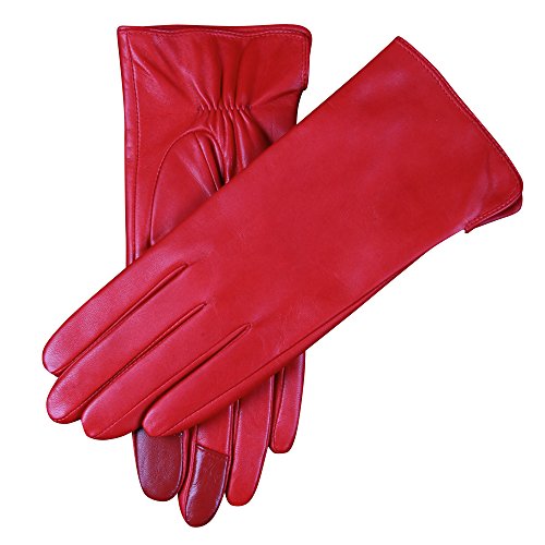 【WARMEN】 レディース レザー 本革 羊革 ナッパ革 ラムスキン cashmere スマホ対応 手袋 グローブ 手ぶくろ カジュアル コスプレ シンプル ドライビング 防寒 保温 秋冬 (7, 赤)