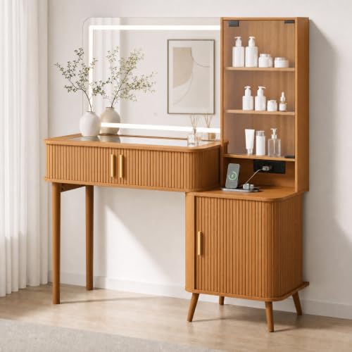 Image of 51 inch Fluted Makeup Vanity Desk with 4 Drawers & Adjustable Shelves,Dressing Table with Mirror and Lights, Large Vanity with Glass Top and Power Outlet for Bedroom (Yellow Walnut)
