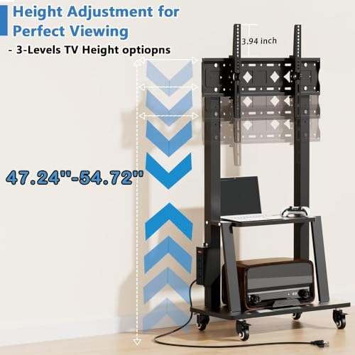 Image of Mobile TV Cart with Power Outlet, Rolling TV Stand on Wheels for 32-75 inch Television, Mobile TV Stand Height Adjustable,15 Adjustable Viewing Angle,Max 130LBS, Vesa max 600x400