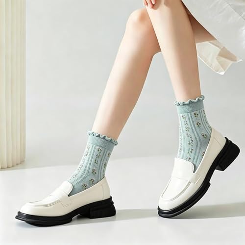 Image of DXYAKY 5 Pairs Womens Floral Cotton Socks Vintage Patterned Crew Socks Novelty Ankle Ruffled Warm Casual Dress Socks