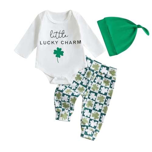 Lamuusaa Newborn Baby Boy St. Patricks Day Outfit Little Lucky Charm Romper Shamrock Long Pants Hat 3Pcs Clothes Set