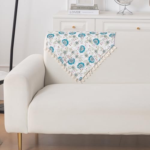Image of HOKIPO Cerulean Bloom Quilted Sofa Backrest Cover Mat| 'Tassel Twigs' Series (IN-988-T6)