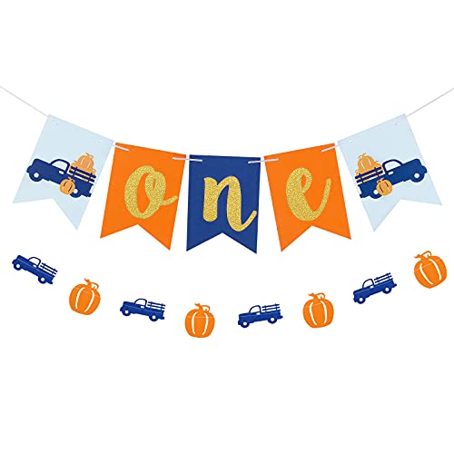 Image of Pumpkin One Birthday Banner and Pumpkin Truck Birthday Garland Banner, Fall Harvest Themed First Birthday Banner Decorations, Thanksgiving Fall Pumpkin Themed 1st Birthday Party Decorations Supplies