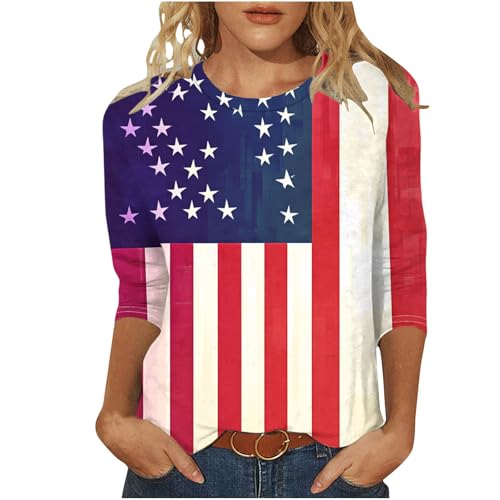 Image of Fourth of July Shirts for Women 3 /4 Sleeve Summer Tops American Flag Print T Shirt Patriotic 4th of July Shirts 2025