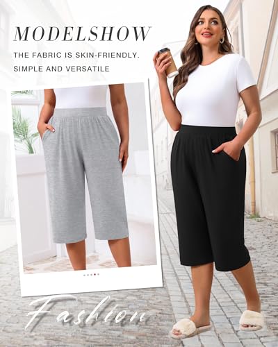 Huukeay 3 Pack Women's Plus Size Capri Pants, Cotton Wide Leg Capris Sweatpants Summer Loose Cropped Yoga Pants with Pockets4