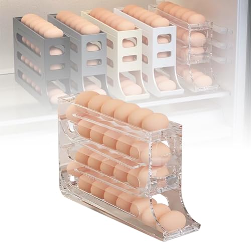 4 Tiers Egg Holder for Fridge, 2024 Upgrade Auto Rolling Fridge Egg Organizer, Space-Saving Egg Dispenser Holder 4 Layer Large Capacity Auto Rolling Egg Organizer for Refrigerator (Transparent)
