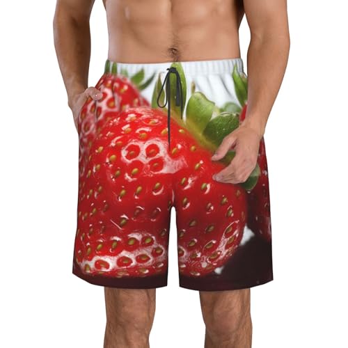 Red Strawberry Fruit Men's Swim Trunks Quick Dry Board Shorts with Pockets Casual Drawstring Beach Shorts