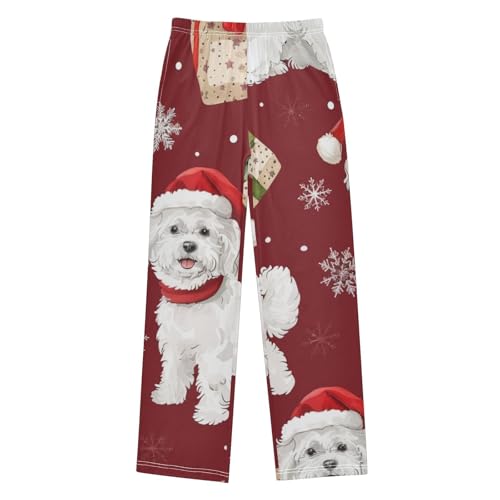 Christmas Bichon Snowflake Boys Long Pants Soft Trousers Elastic Waist Kids Lounge Bottoms with Pockets S-XL