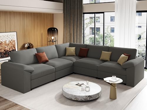 Image of EASE MOOSE Oversized Corner Modular Sectional Sofa, Faux Leather Sectional Sofa with Deep Seat, Scratch Resistant Faux Leather Material, Extra Large L Shaped Couch for Living Room, Grey