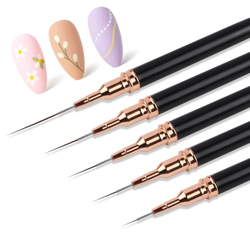 Brvlsoc 5PCS Metallic Nail Art Liner Brush Set – Fine Detail Pens for Thin Lines, UV Gel Polish Painting & Nail Design (Black Handles)