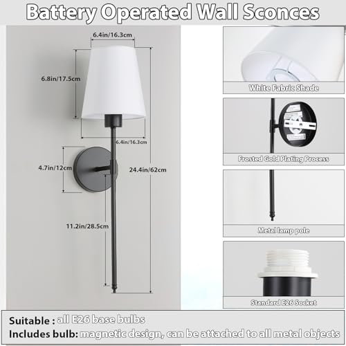 Image of LOUSACE Battery Operated Wall Sconces Set of 2, Black Rechargeable Wall Sconces with Remote Control, 9 Colors Modes, Dimmable Wireless Wall Sconces Decor Set of Two for Bedroom Living Room Hallway