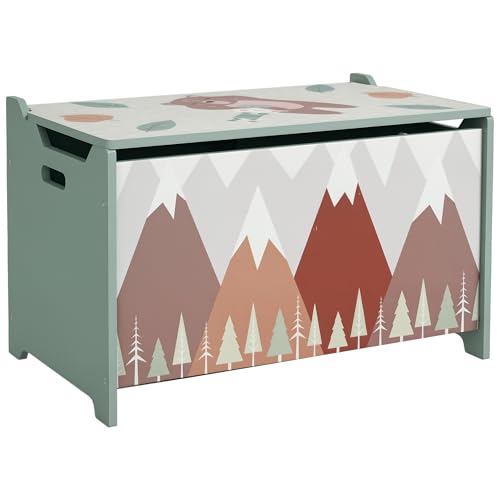 ZONEKIZ Spielzeugkiste, Aufbewahrungsbox mit aufklappbarem Deckel, Sicherheitsscharnier Spielzeugtruhe mit niedlichem Tierdesign, Griff, Spielzeug Aufbewahrung für Kinderzimmer, 60x37x39 cm Grün