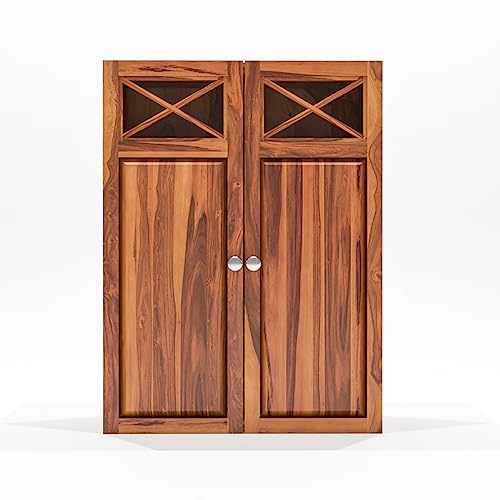 Image of Solid Sheesham Wood Kitchen Cabinet for Home | Wall Mounted Kitchen Rack with Storage | Wooden Organizer with 2 Door Cabinet Storage Honey Finish