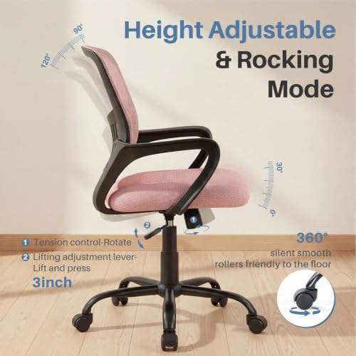 Image of DUMOS Ergonomic Home Office Chair, Lumbar Support Desk Chair | Mid Back Rocking Mode, Height Adjustable Flip-up Armrest, 360 Swivel Conference Meeting Room, Pink