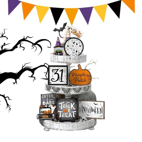 Decoración de bandeja de Halloween con letreros de madera rústica de fantasma