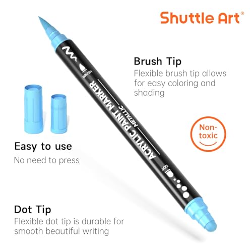 Image of Shuttle Art 28 Metallic Colors Dual Tip Acrylic Paint Markers, Brush Tip and Dot Tip Acrylic Paint Pens for Rock, Ceramic, Wood, Canvas, Plastic, Glass, Stone, Calligraphy, Card, DIY Football Crafts