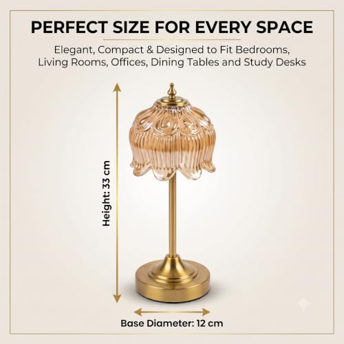 Image of NYRWANA Flower Rechargeable Cordless Glass Table Lamp | 2000mAh Battery | 3 Colour Touch Control, Stepless Dimming, USB-C Charging | Metal Gold Bedside Lamp for Bedroom, Living Room, Home Decor