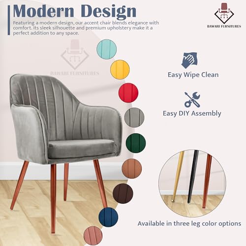 Image of Plush Dining Chair | Accent Chair for Living Room Bedroom Restuarant | Velvet Fabric & Thick Cushion Seat with Sturdy Glossy Metal Legs (Bronze Legs, Grey)
