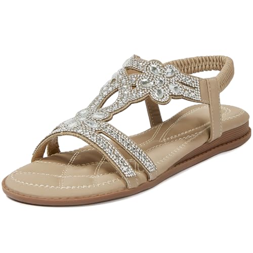 Image of iCKER Womens Rhinestone Strappy Flat Sandals Elastic Ankle Strap Open‑Toe | Sparkling,for wedding,party,evening dates,special occasion,Vacation,Formal