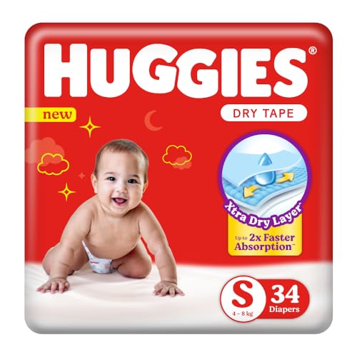 Image of Huggies Dry Tape | Adjustable Tape Style Baby Diapers, Small (S) Size (4-8 Kgs), Pack of 204 | Up To 2X Faster Absorption, Up To 12 Hours Overnight Absorption