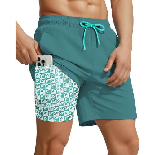 7 Inch Men Swim Trunks with Compression Liner Quick Dry Drawstring Male Swimtrunks for Beach Summer Water Park XX-Large Cyan Green