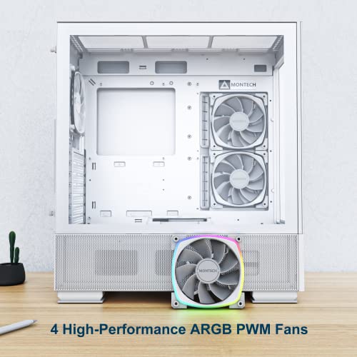 Image of Montech Sky Two, Dual Tempered Glass, 4X PWM ARGB Fans Pre-Installed, ATX Gaming Mid Tower Computer Case, Type C, High Airflow Performance- White