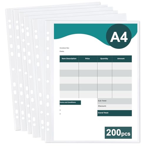 200 fundas transparentes A4, transparencias A4 transparentes (DIN A4, 60 My), perforaciones universales de 11 agujeros, formato A4, para folletos, carpetas, hojas sueltas, documentos