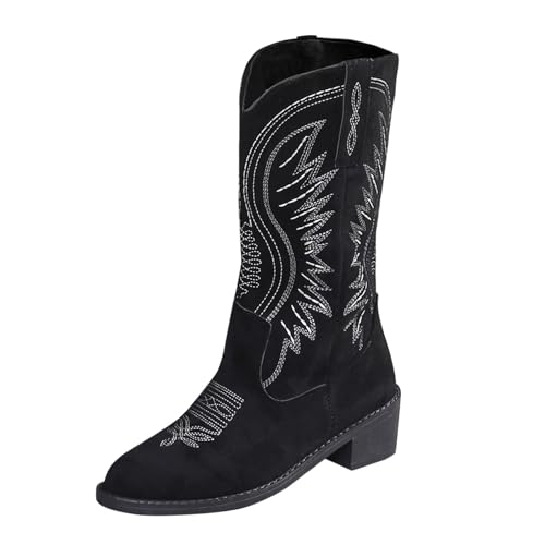 Botas de vaquero para hombre, de ante, botas Vintgae Westrn, botas medianas altas con tacón, botas de cuero antideslizantes, clásicas, puntiagudas, botas de trabajo, botas de montaña, Negro , 41 EU