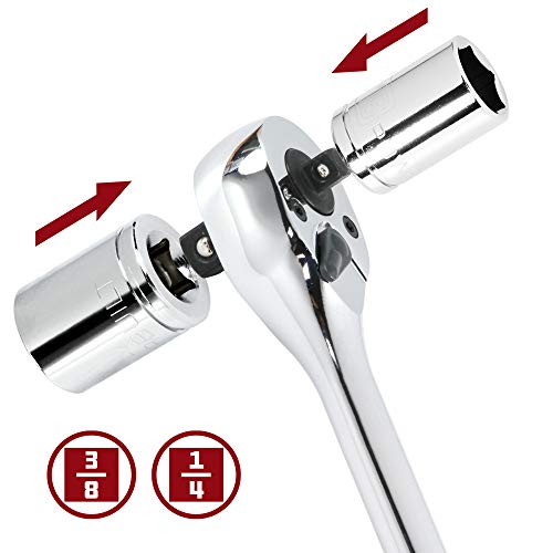 Image of Powerbuilt Dual Size Extendable Ratchet, 1 /4-Inch and 3 /8-Inch Drive, 72 Tooth, 5 Degree Swing, Lightweight, Rubber Handle Red - 940926