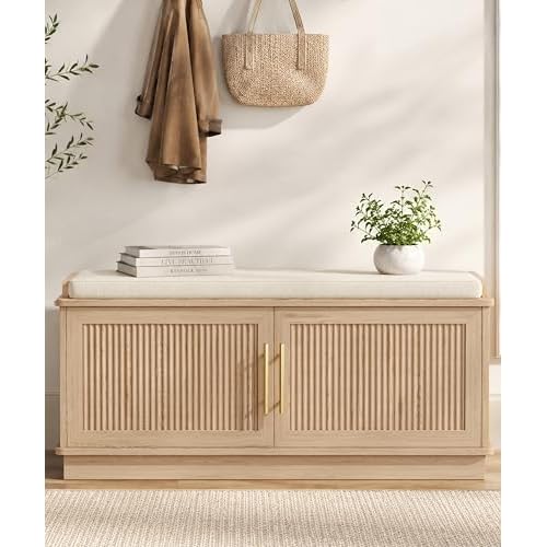 Akxomel 39.4" Fluted Shoe Storage Bench 2 Doors Wooden Entryway Bench Oak