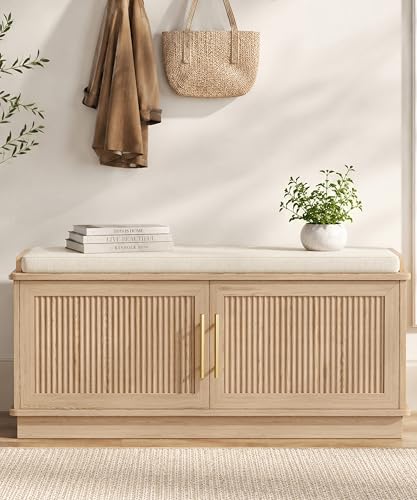 Akxomel 39.4 Fluted Shoe Storage Bench 2 Doors Wooden Entryway Bench Oak