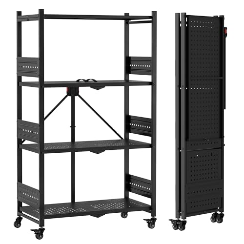 Image of WORKPRO 4-Tier Folding Shelf, No-Assembly Metal Storage Rack with Wheels, 600 lbs Capacity (with Leveling Feet), Collapsible Shelving Unit for Kitchen, Pantry, Bathroom & Closet Organization