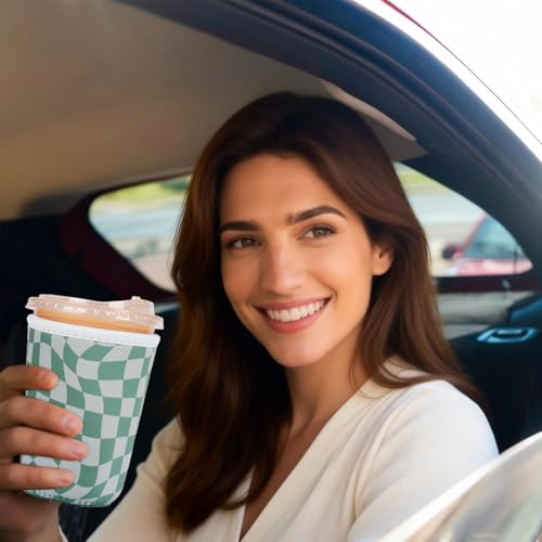 Image of Reusable Insulated Sleeve for Iced Coffee Cup, Coffee Neoprene Sleeve for Cold & Hot Drinks, Beverage Holder for Iced Coffee (Wavy Grid, Small: 16-18oz)