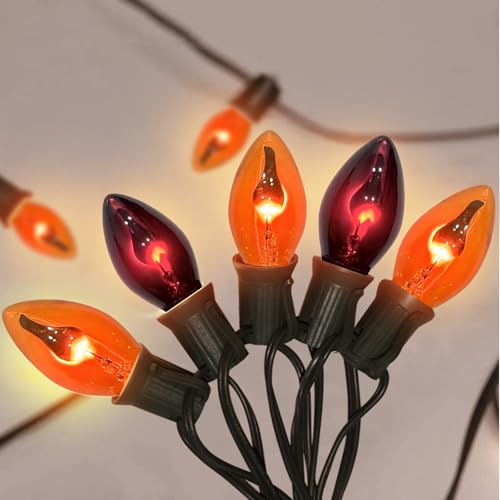 Image of 25Ft C7 Halloween Orange Purple String Lights Outdoor, Christmas Decorations Patio Light with 25 Orange /Purple Flickering Flame Lights Waterproof UL Listed for Outdoor Party Garden Bistro Roof Decor