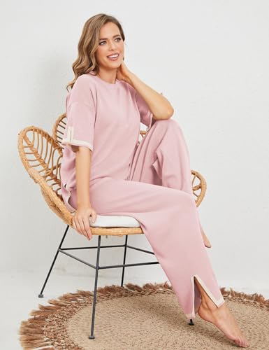 Image of Tanming Sweater Sets Women 2 Piece Lounge Sets Short Sleeve Knit Pullover Tops Wide Leg Pants