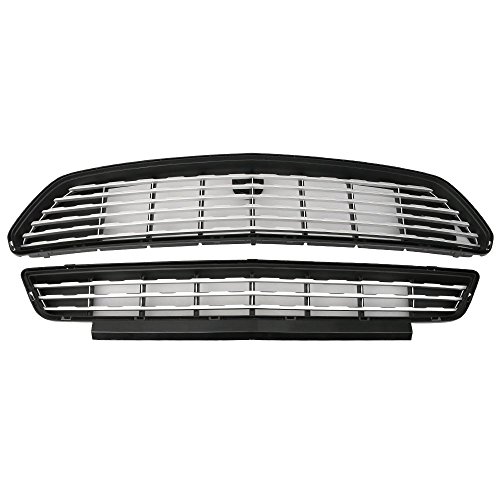 IKON MOTORSPORTS Front Bumper Grille, Compatible with 2015-2017 Ford Mustang CS Style Black With Silver ABS Replacement Front Bumper Grill Assembly 2PC