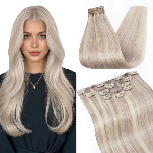 Image of Ugeat Human Hair Clip in Extensions Highlight 12 Inch 5pcs 85g Appearance | Invisible Clip in Hair Extensions Human Hair , Ash Blonde Highlights Bleach Blonde , Shoulder Length