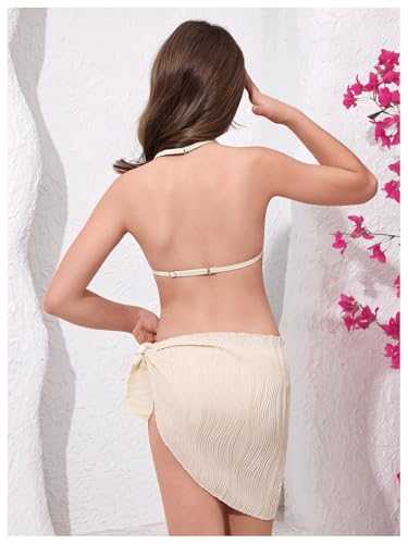 Image of SweatyRocks Girl's 3 Piece Swimsuit Textured Halter Bikini Set with Beach Cover Up Skirt Swimwear