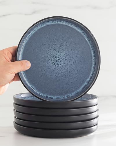 Image of 24 Piece Stoneware Dinnerware Set for 6 - Handmade Reactive Glaze Plates and Bowls Set - Chip & Scratch Resistant Dish Set - Dishwasher Microwave Safe - Dark Smoke Blue