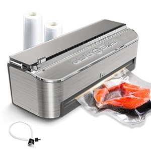 Mesliese Vacuum Sealer Machine, 85kPa 120W Automatic Food Sealer, Powerful Sealing System, Build-in Cutter | Bags Storage | Moist Mode and Air Suction Hose | 2 Bag Rolls and 5pcs Bags(Stainless Steel)