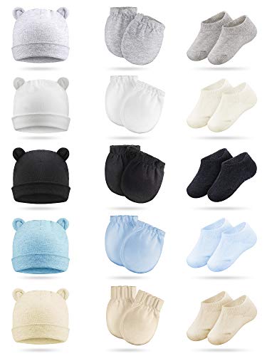 Baby Hats Mittens And Socks Set Include 5 Pieces Newborn Beanie Caps With Cute Bear Ears 10 Pieces No Scratch Mittens And 10 Pieces Non-Slip Baby Socks For 0-6 Months Baby Boys And Girls #TOP12