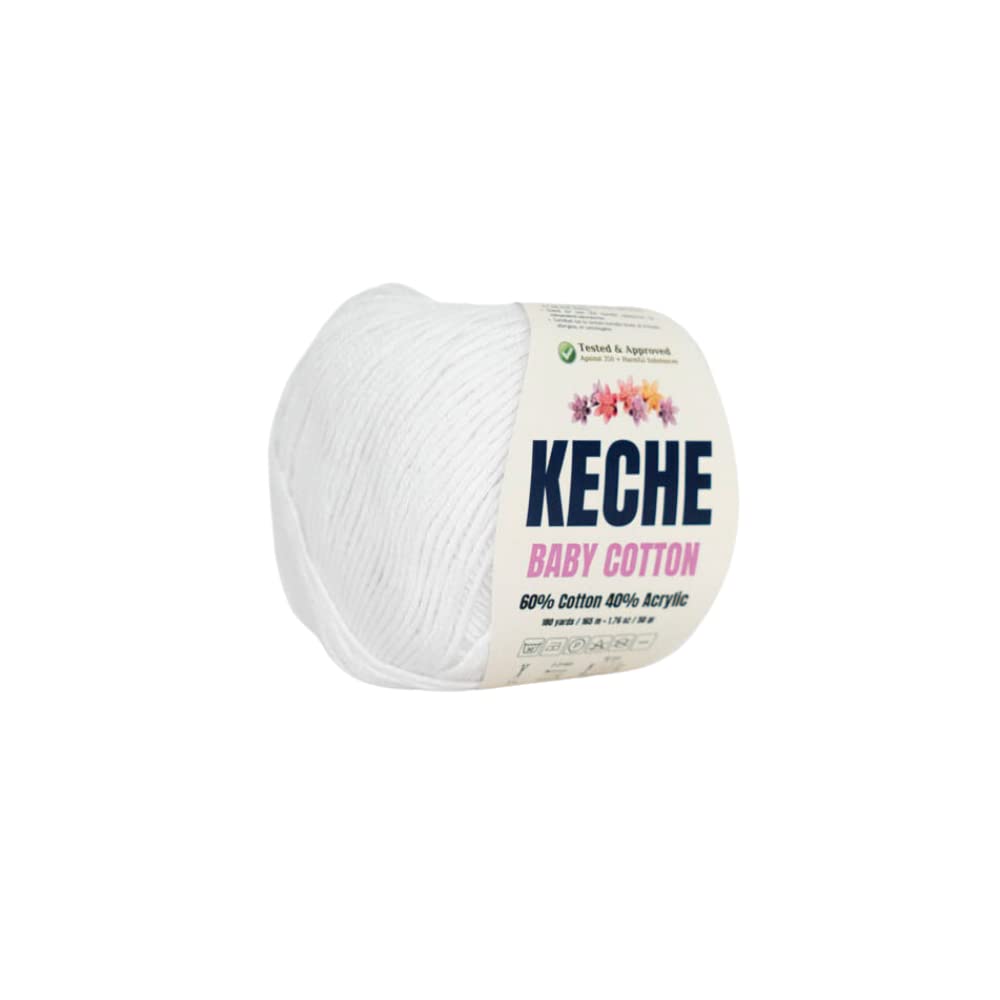 Keche Cotton Yarn, 60% Cotton 40% Acrylic Yarn, Soft Cotton Yarn for Crochet and Knitting, Amigurumi Yarn 1 Skein/Ball 1.76 Oz (50g) / 180 Yrds (165m) - White