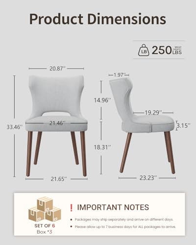 Image of Wooden Dining Chairs Set of 6, Farmhouse Dining Room Chairs with Solid Wood Legs, Mid Century Fabric Kitchen Chairs, Upholstered Chair for Restaurant & Cafe- Light Gray