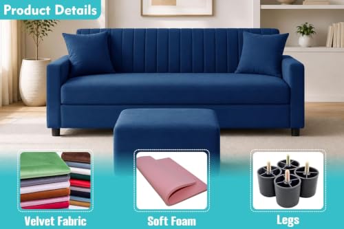 Image of Urban Decor 3 Seater Wooden Sofa Set with Matching Ottoman, Modern Channel Tufted Velvet Fabric Couch for Living Room-Blue