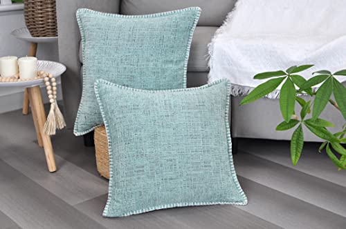 Farmhouse Throw Pillow Covers Set Of 2 Turquoise 18X18 Inch / Stitched Edge Textured Soft Chenille Cushion Covers / Modern Decorative Solid Pillow Cases For Living Room #TOP4