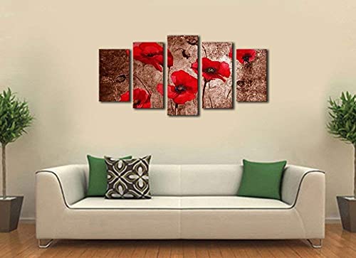 Wieco Art Red Poppies On Brown 5 Panels Modern Gallery Wrapped Floral Giclee Canvas Print Flowers Pictures To Photo Paintings On Canvas Wall Art Work Ready To Hang For Living Room Home Decor L #TOP7