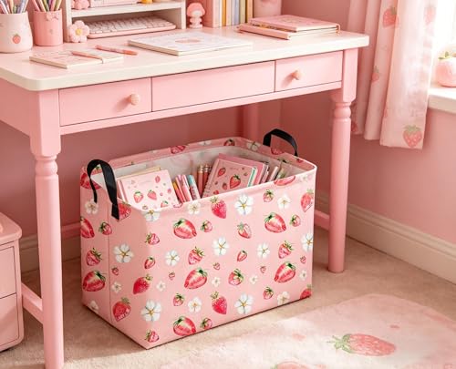 Image of Sanjiaofeng Rectangular Strawberry Storage Baskets Baby Girl Basket Kids Baby Storage Basket Waterproof Collapsible Storage Bin Cute Organizer Box Girl Room Decor(Strawberry)
