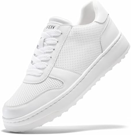 UOFEIY Men's Golf Shoes Spikeless, Water-Resistant Leather Upper, Comfortable Walking Cushion, Rubber Traction Outsole, Breathable Perforated Design, Golf Sneakers