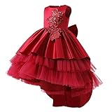 WOCINL Girls Princess High Low Ruffle Tulle Wedding Dress Beaded Pageant Birthday Communion Party Evening Dance Ball Gown Deep Red 6-7 Years